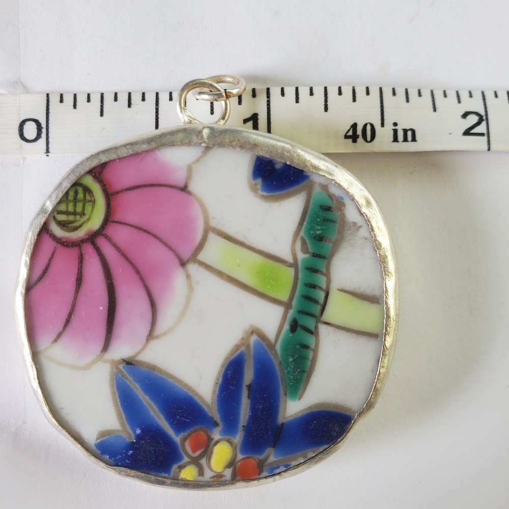 Floral Porcelain Pottery Shard Pendant Pink & Blue Vintage Broken China Jewelry - Picture 7 of 12